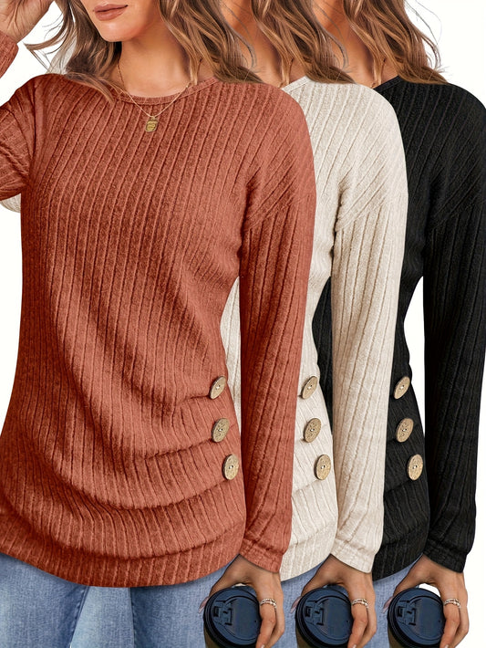 Three-piece Women'S Long-sleeved Corset Top, Round-neck Button Shirt, Autumn And Winter Shirt, Light Sweater
