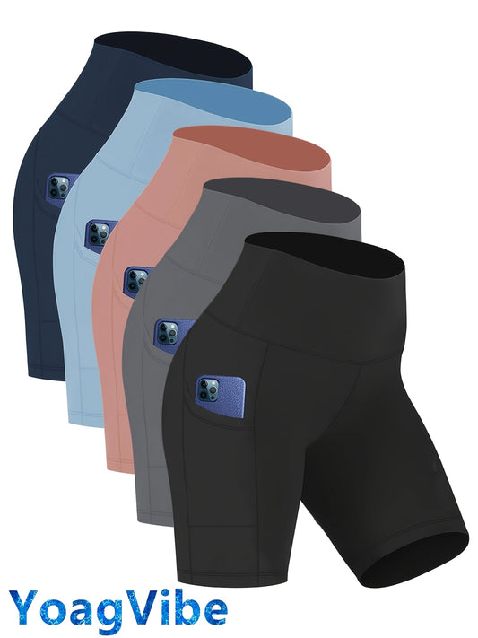 Women's High Waisted Yoga Shorts - Sweat-Wicking High-Stretch Athletic Shorts with 4-Way Stretch Fabric, Elastic Waistband & Side Pockets for Running, Cycling, Training - Solid Color Casual Workout Shorts (Navy, Light Pink, Grey, Black), Gym Shorts, Sport