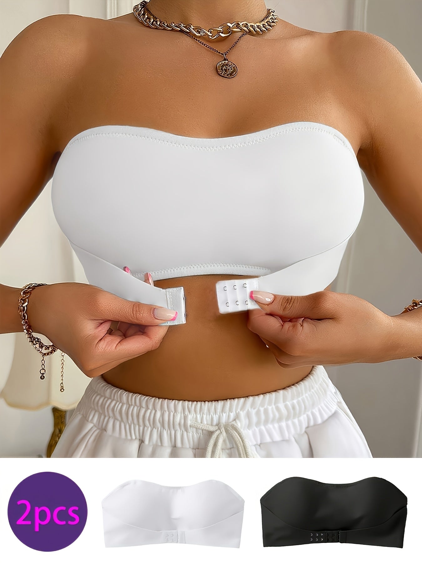 Set of Two Women'S Wireless Padded Strapless Bras - Comfortable Design in Black And White