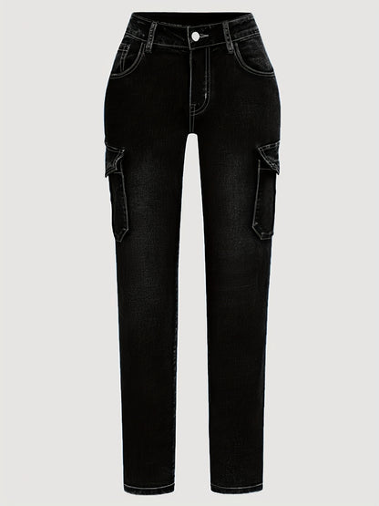 Plus Size - Women'S Plus Size High-Waist Stretchy Skinny Jeans with Pockets - Dark Blue Casual Tight Pants, Comfortable And Stylish for Casual Attire, High Waisted Jeans, Comfortable Clothing, Minimalist Design, Smooth Texture
