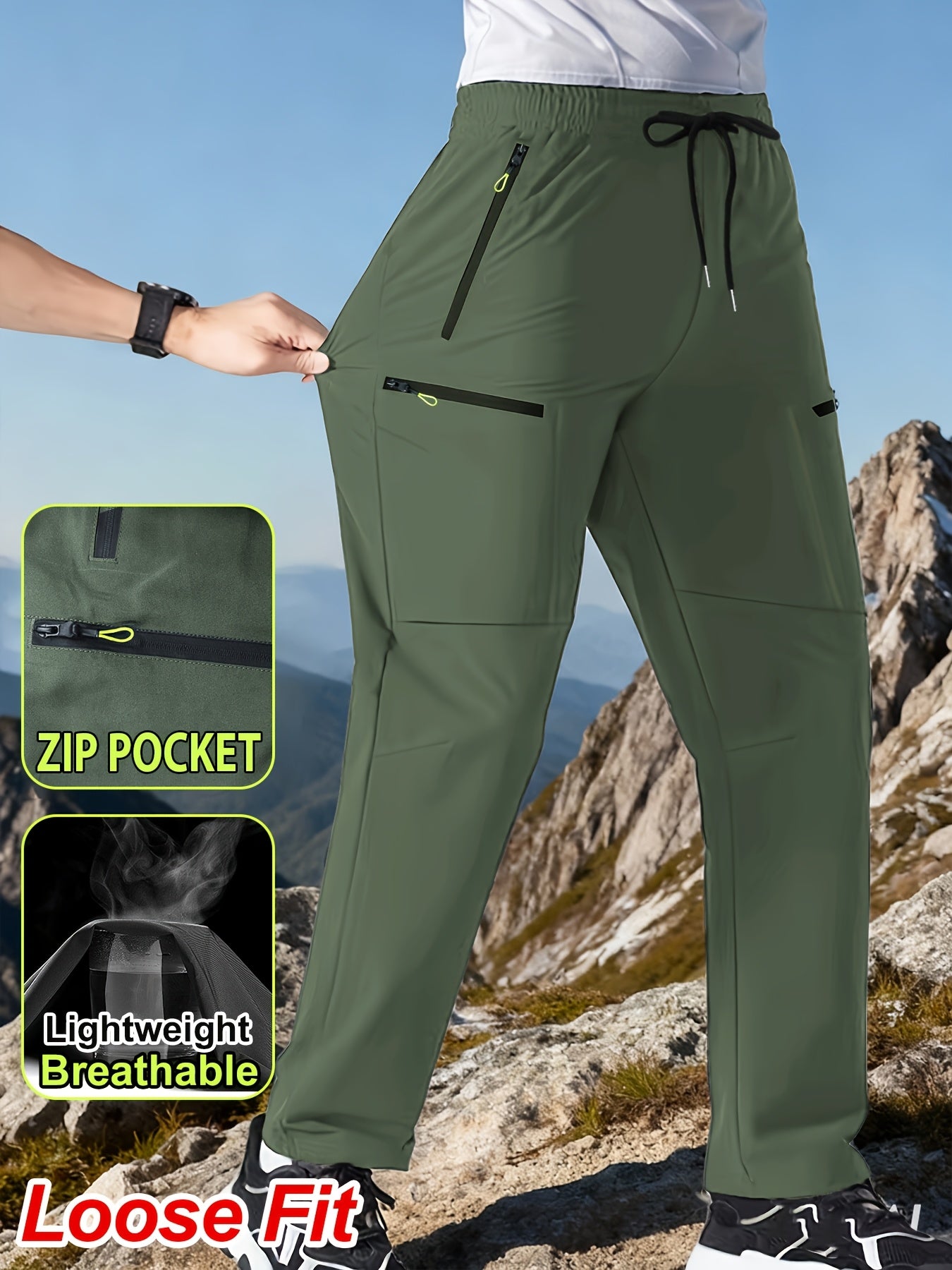 Men's Outdoor Hiking Workwear Straight-Leg Pants Features Zippered Pockets, Breathable Lightweight Design Adjustable Drawstring Waistband Ideal for Outdoor Activities and Everyday Casual Wear, Comfortable Fit