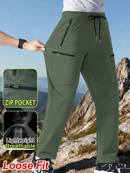Men's Outdoor Hiking Workwear Straight-Leg Pants Features Zippered Pockets, Breathable Lightweight Design Adjustable Drawstring Waistband Ideal for Outdoor Activities and Everyday Casual Wear, Comfortable Fit