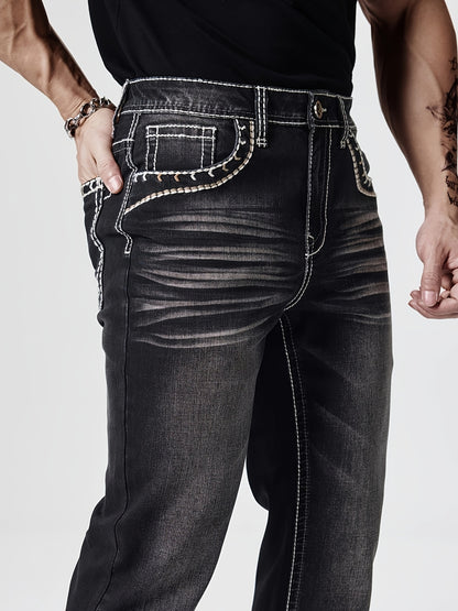 ESDVQ Men's Slim-Fit Classic Washed Denim Bell-Bottom Jeans - Mid-Stretch Machine-Washable Flared Pants with Suitable for All-Season Wear, Comfortable Stretchable Bell-Bottoms for Casual & Dressy Outfits
