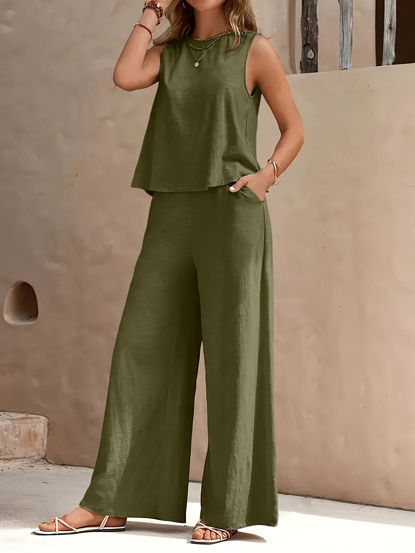 Women 2pcs Lounge Set, Crew Neck Sleeveless Tank Top Wide Leg Pants, Summer Casual Outfit for Daily, Travel Or Party