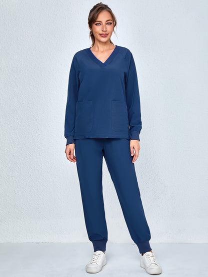 2pcs Women's V-Neck Matte Suit with Long Sleeve Stretch S Uniform Work Clothes Washable Pockets Breathable Elastic Top And Waist Cord Pocket Pants Set