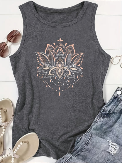 Plus Size Women'S Casual Pattern Vest Lotus Mandala Design Pattern Print Printed, Loose And Versatile, Machine Washable Tank Top, Seasonal Fashion Style, Non-See-Through Material