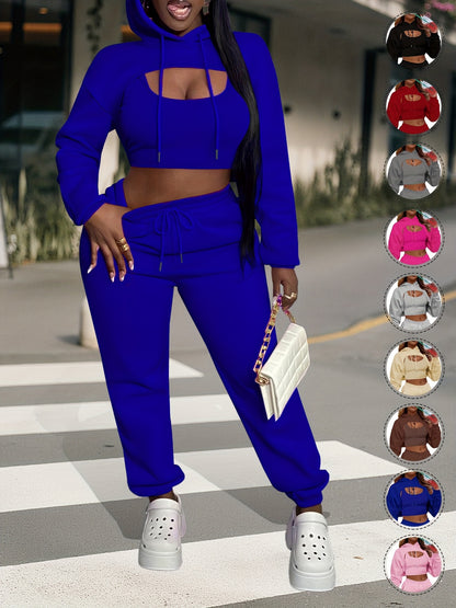 Women'S 3pcs Sweatsuits Sets Sexy Super Cropped Hoodie Tank Top And High Waisted Jogger Sweatpants Matching Loungewear Athleisure Outfits