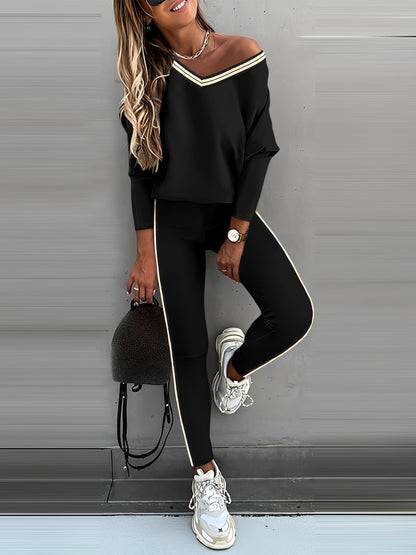 2pcs Casual Set Long Sleeve Pullover Top High Waist Pants Set wear
