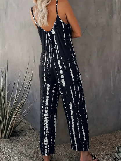 Women's Tie Dye Cami Jumpsuit, Black White Sleeveless Wide Leg Jumpsuit with Pockets, Casual Loose Summer Romper for Daily Wear & Vacation