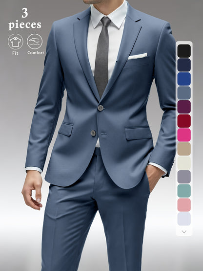 Men's Solid Color Complete 3pcs Suit Set Slim Fit Modern Tailored for Weddings Business Graduation Father's Day Gifting Express Delivery