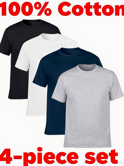 4pcs Men's Summer Cotton Solid Color T-shirt Lightweight Round Neck T-shirt Tops, Daily Casual for Summer Sports-5001