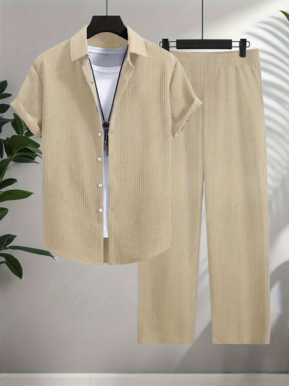 Men's Shirt Trousers Suit, Fashionable Bubble Plaid Simple Casual Lapel Short-sleeved Shirt And Solid Color Trousers Suit
