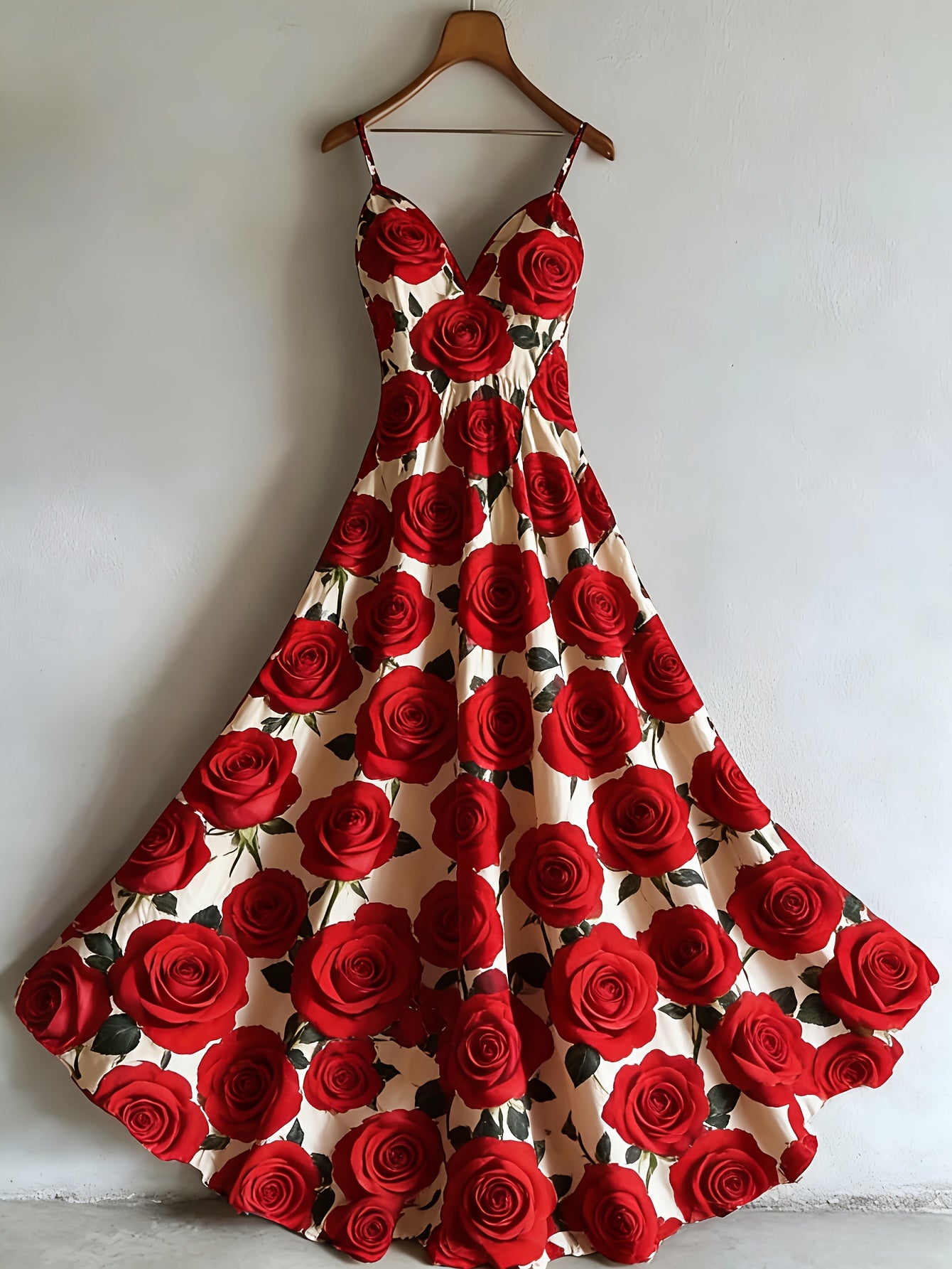 Women's Patriotic Maxi Dress - A-Line Silhouette, Suitable for Vacation, Leisure & Beach Outings, Loose Fit, National Flag Pattern, Sleeveless, V-Neck, Red National Flag Design with Built-In Cups