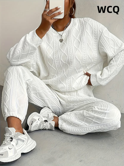 2025 Fall Fashion Hit! Women's Ribbed Casual Two-Piece Set: Long-Sleeve Top And Jogger Pants, Soft Polyester Material, Eye-Catching for Daily Wear, Must-Have for Casual Chic Styles