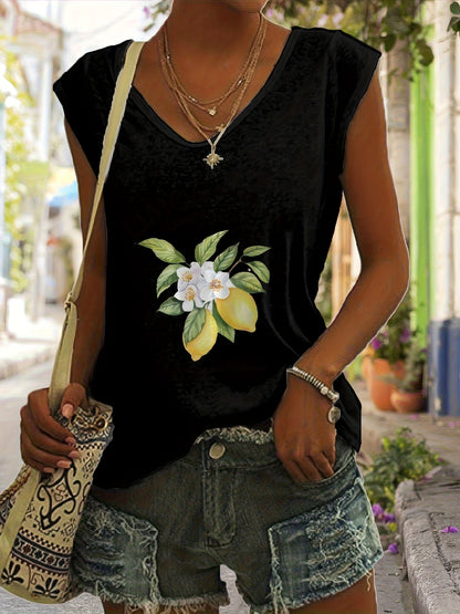 Women's Limoncello Pattern V-neck Vest Top-Sleeveless Casual Summer Spring Top with Limoncelli Bottle Design, Casual Summer Top| Sleeveless Top| Comfortable Fit