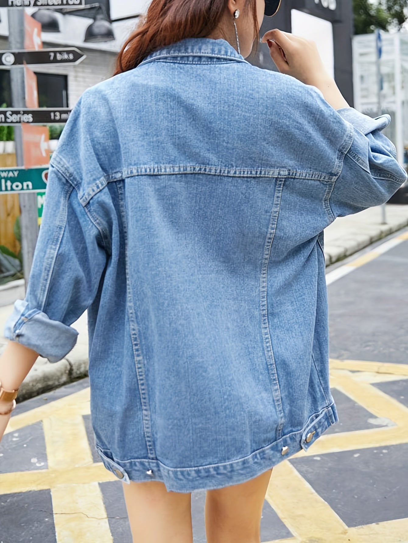 Women'S Oversized Mid-Length Denim Motorcycle Jacket