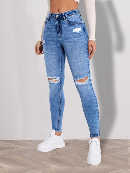 Women'S High-Waisted Skinny Jeans - Distressed Blue Denim Stretch Slim Fit with Button Closure, Long Length & All-Season Casual Style for Casual Attire, Highwaisted Trousers | Comfortable Fashion