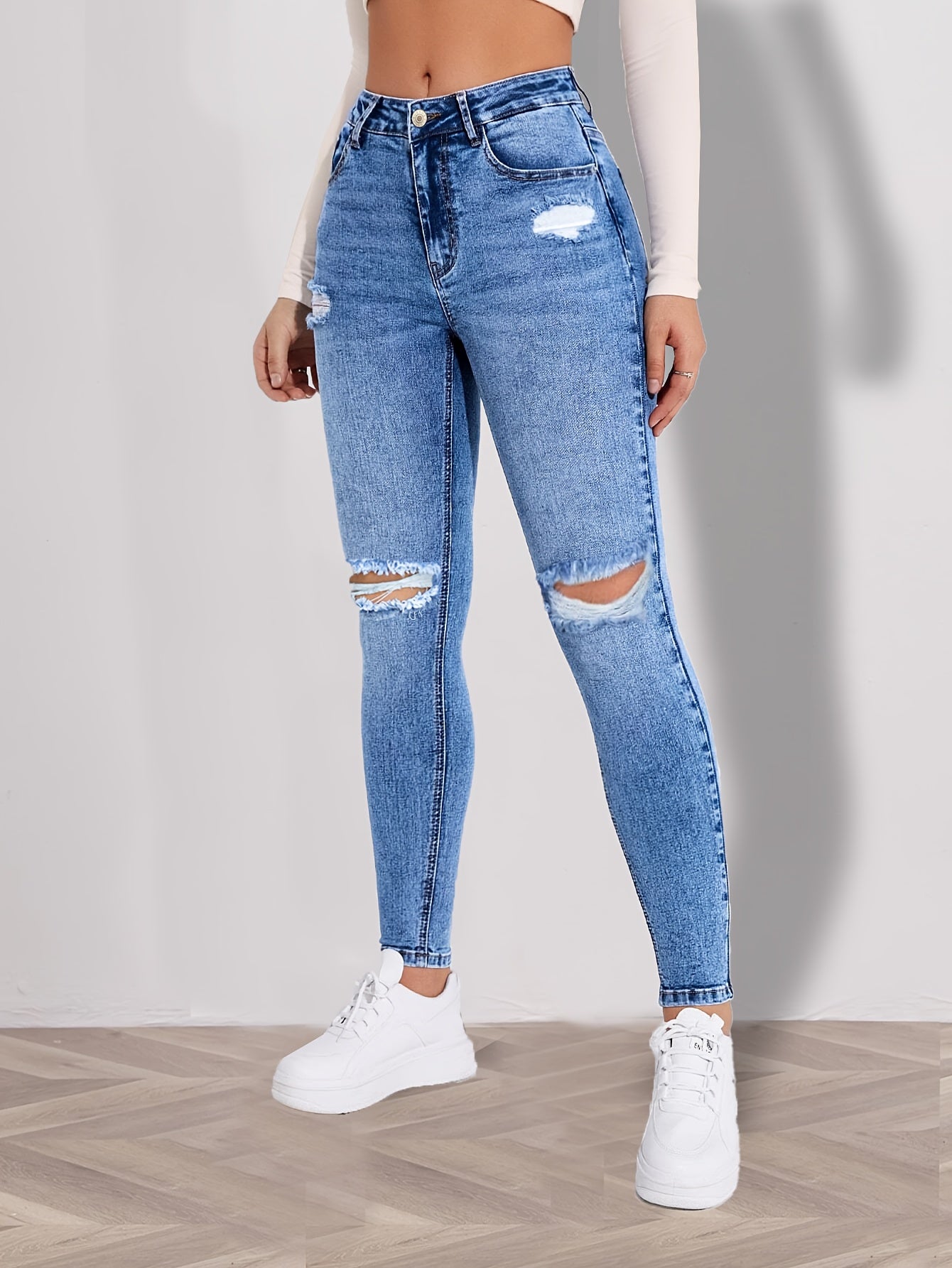 Women'S High-Waisted Skinny Jeans - Distressed Blue Denim Stretch Slim Fit with Button Closure, Long Length & All-Season Casual Style for Casual Attire, Highwaisted Trousers | Comfortable Fashion