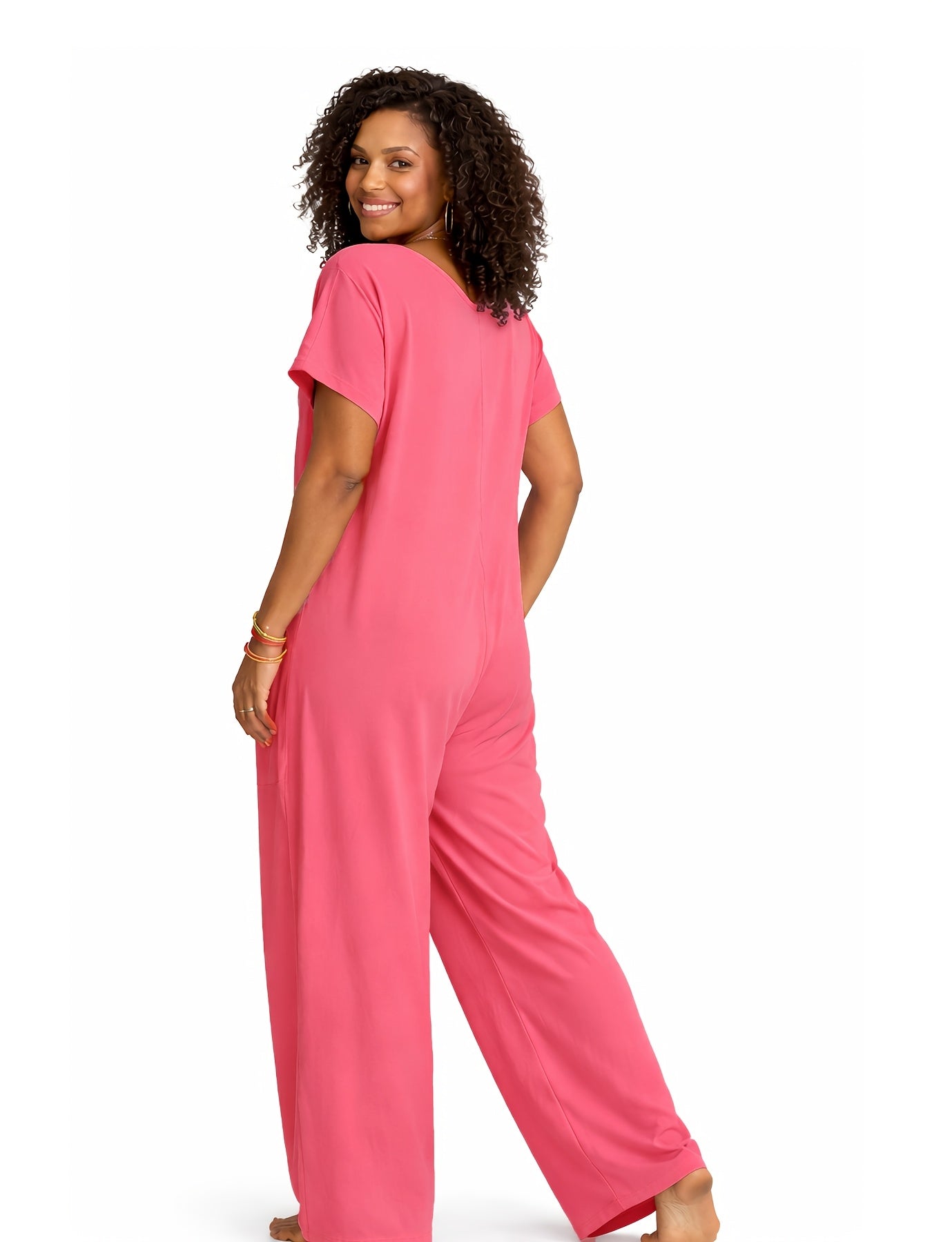 Women's Rose Red Polyester V-Neck Oversized Jumpsuit - product view 2