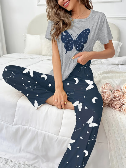 3 Pajama Sets, Casual Short Sleeve Round Neck Top & Elastic Pants - Women's Sleepwear - Soft & Comfortable Fabric - Perfect for Lounging & Sleeping - Ideal Gift for Her