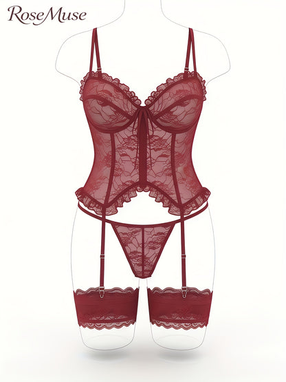 1Set/4pcs Women's Sexy Lingerie Set Floral Lace Garter Bustier Lingerie Set with 1Pair Stocking, Women's Lace Stockings Lingerie Bodysuits Nightwear for Romantic Date Wearing