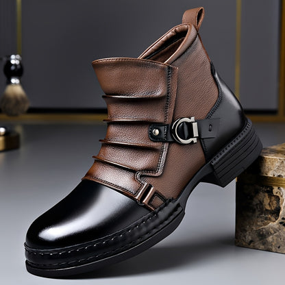 Men's Oversized Thick Heel Color-Block Patchwork Ankle Boots, Folded Texture Metallic Streetwear Casual Shoes