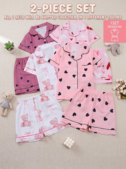 Random 1 Set!Girls' Lapel Pajama Set, Short-Sleeve Top And Elastic-Waist Shorts, Taro Purple Hearts, Light Pink Hearts, White with Teddy Bears And Bows, Pink with Black Hearts. Soft, Skin-Friendly Bubble Crepe for Cozy Home Wear