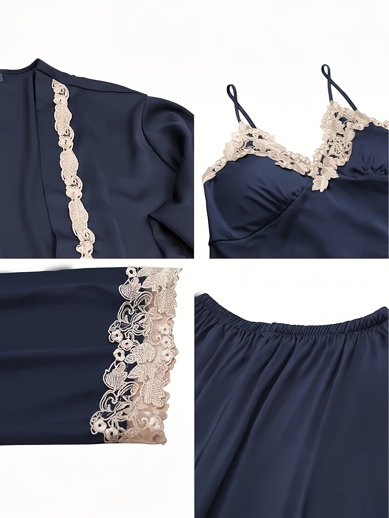5pcs Set of Women'S Lace Sleepwear, Featuring a Charming Pajama, Casual Satin Outfit That Is Loose, Cozy, And Soft. The Set Includes a Robe, a Strap Skirt, a Short Tank Top, Shorts, And Pants