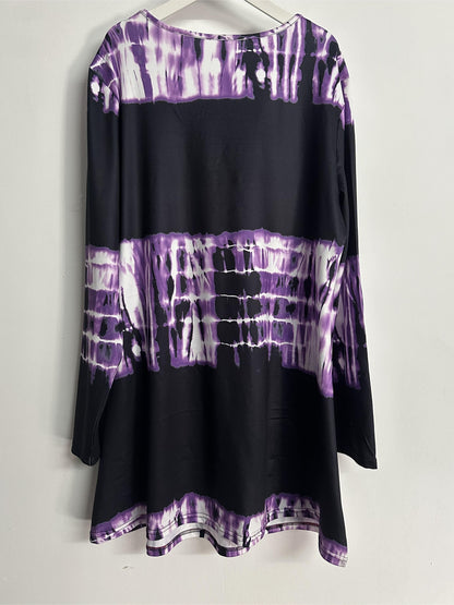 Plus Size, Plus Size Boho Top, Women's Plus Tie Dye Arabesque Print Long Sleeve Round Neck Slight Stretch Tunic Top