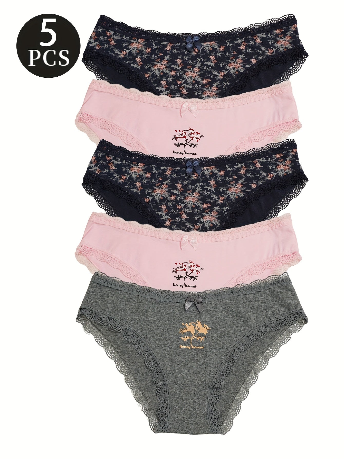 5-Pack Women'S Triangle Panties with Floral Print, Nude Comfortable Soft Stretchy Large Size Underwear with Bow Decoration, Simple Elegant Breathable Briefs - 2025 New Arrival