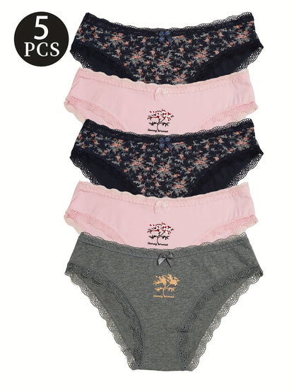 5-Pack Women'S Triangle Panties with Floral Print, Nude Comfortable Soft Stretchy Large Size Underwear with Bow Decoration, Simple Elegant Breathable Briefs - 2025 New Arrival