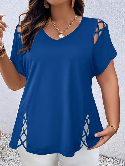 Plus Size Women'S Loose-Fitting Short-Sleeve V-Neck Tee - Stylish V-Neck Style Featuring Open Cross Elements. Perfect for Both Casual And Formal Settings During Spring And Summer, Making It Great for Everyday Wear And Special Events