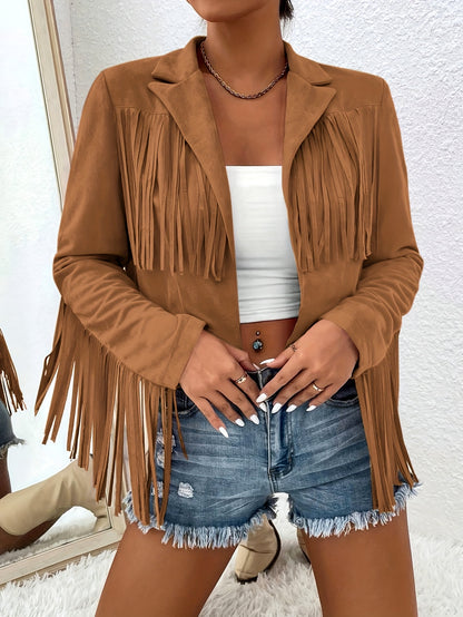 Elegant Women'S Tassel Jacket - Solid Color, V-Neck, Loose Fit for Spring/Fall, Machine Washable