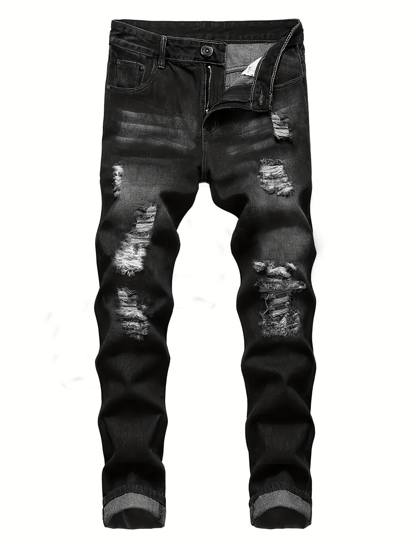 2pcs Men's Slim Fit Distressed Ripped Jeans | Classic Stretch Denim Pants, Trendy Casual Versatile Outfits