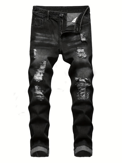 2pcs Men's Slim Fit Distressed Ripped Jeans | Classic Stretch Denim Pants, Trendy Casual Versatile Outfits