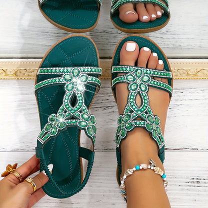 New Summer Sandals for Women in Large Sizes, Featuring a Hollow Design And Crystal Embellishments, Perfect for Beach Trips And Vacations with a Comfortable Bohemian Flair., Women Shoes