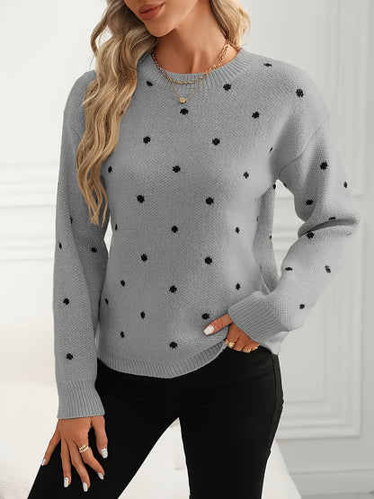 Women'S Polka Dot Sweater - Casual Long Sleeve Crew Neck Pullover with Relaxed Fit & Medium Stretch, Soft Warm Fall Winter Sweater for Casual Attire, Sweater, Mediumstretch Fabric