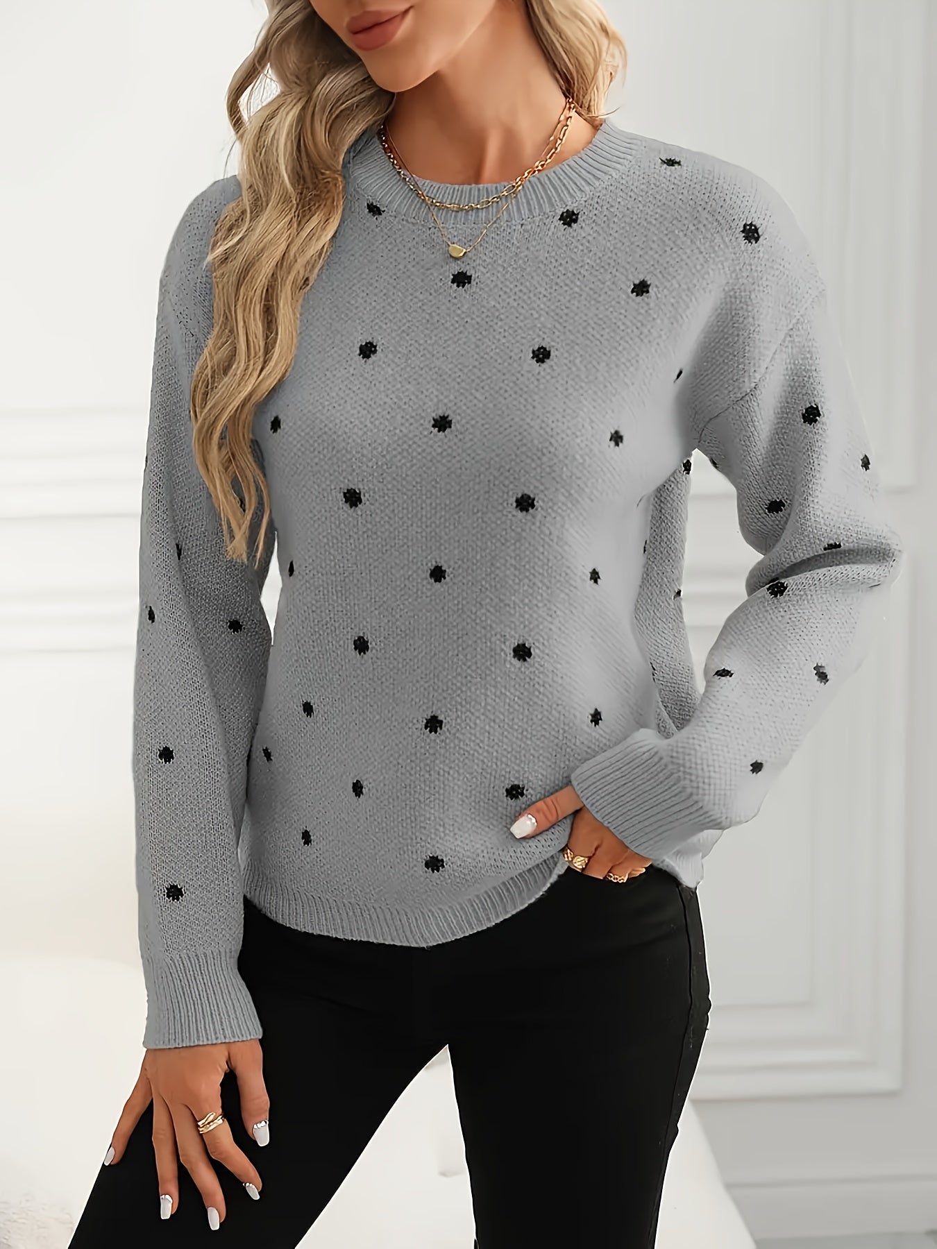 Women'S Polka Dot Sweater - Casual Long Sleeve Crew Neck Pullover with Relaxed Fit & Medium Stretch, Soft Warm Fall Winter Sweater for Casual Attire, Sweater, Mediumstretch Fabric