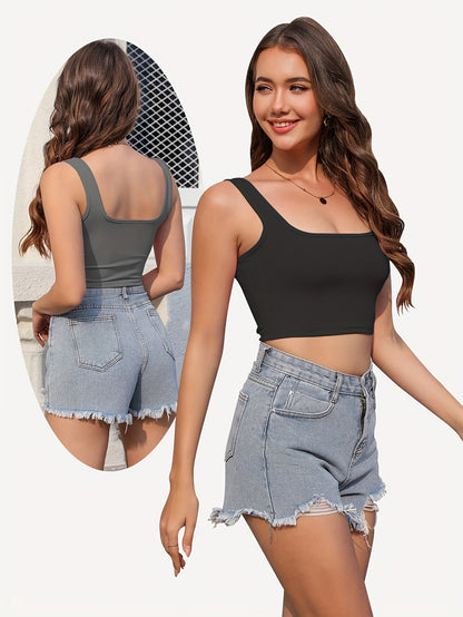 Set of Three Women'S Crop Tank Tops, Featuring a Seamless Ribbed Design, Sleeveless Square Neck, Perfect for Summer Workouts, And