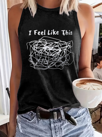 [Fun Cartoon Vest] I Feel Like This Scribble Women's Regular Vacation Vest - Fun Cartoon Letter Pattern Print, Round Neck Casual - Machine Washable, Fashionable and Versatile Women's Clothing