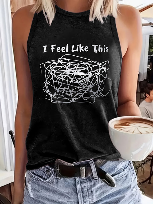 [Fun Cartoon Vest] I Feel Like This Scribble Women's Regular Vacation Vest - Fun Cartoon Letter Pattern Print, Round Neck Casual - Machine Washable, Fashionable and Versatile Women's Clothing