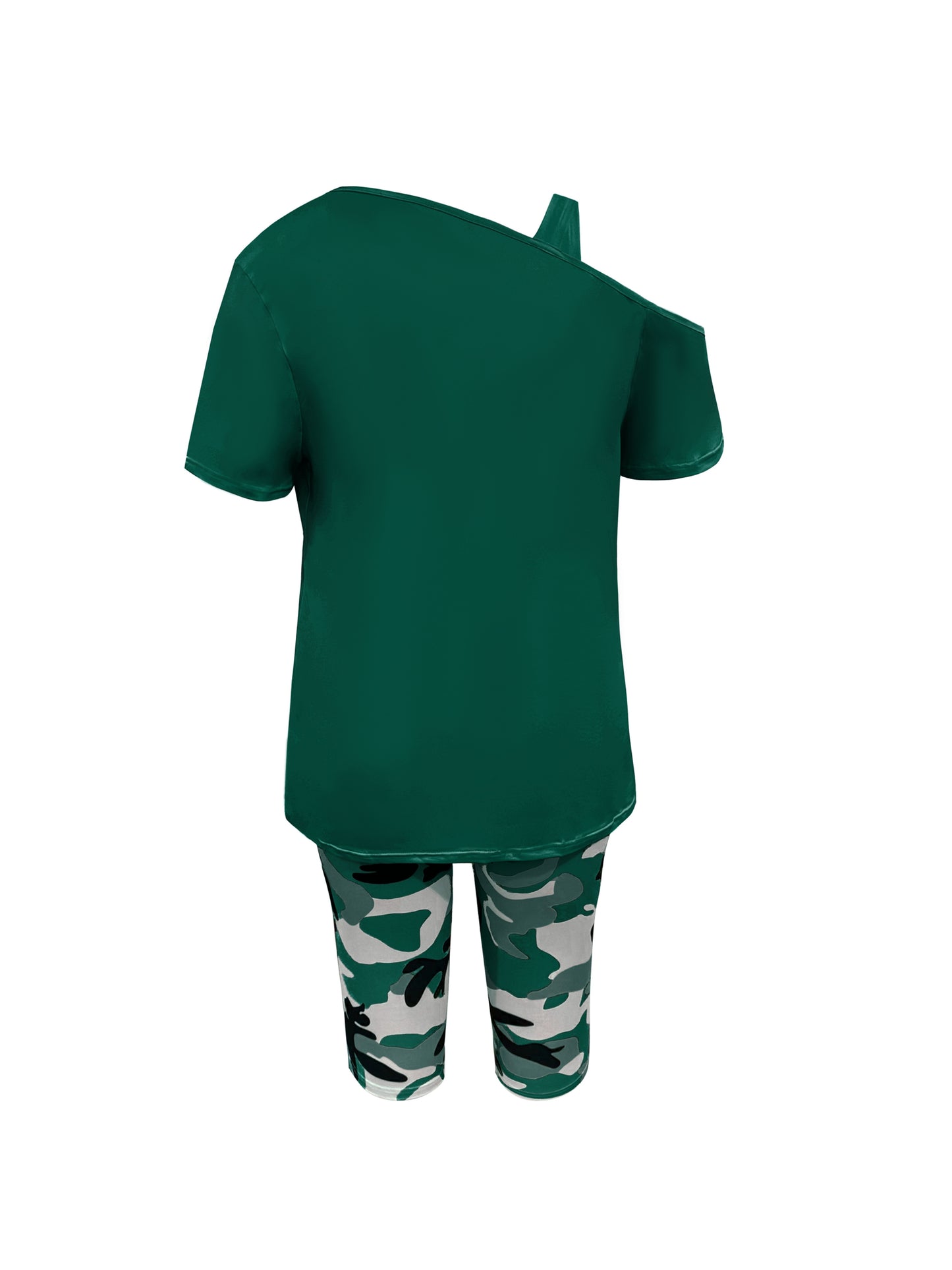 Plus Size - Ladies Plus Size Daily Casual One-Shoulder Short Sleeve Two-Piece Outfit, Diagonal Shoulder Design, Slim Fit Camouflage Pants Suit With Letter Print.
