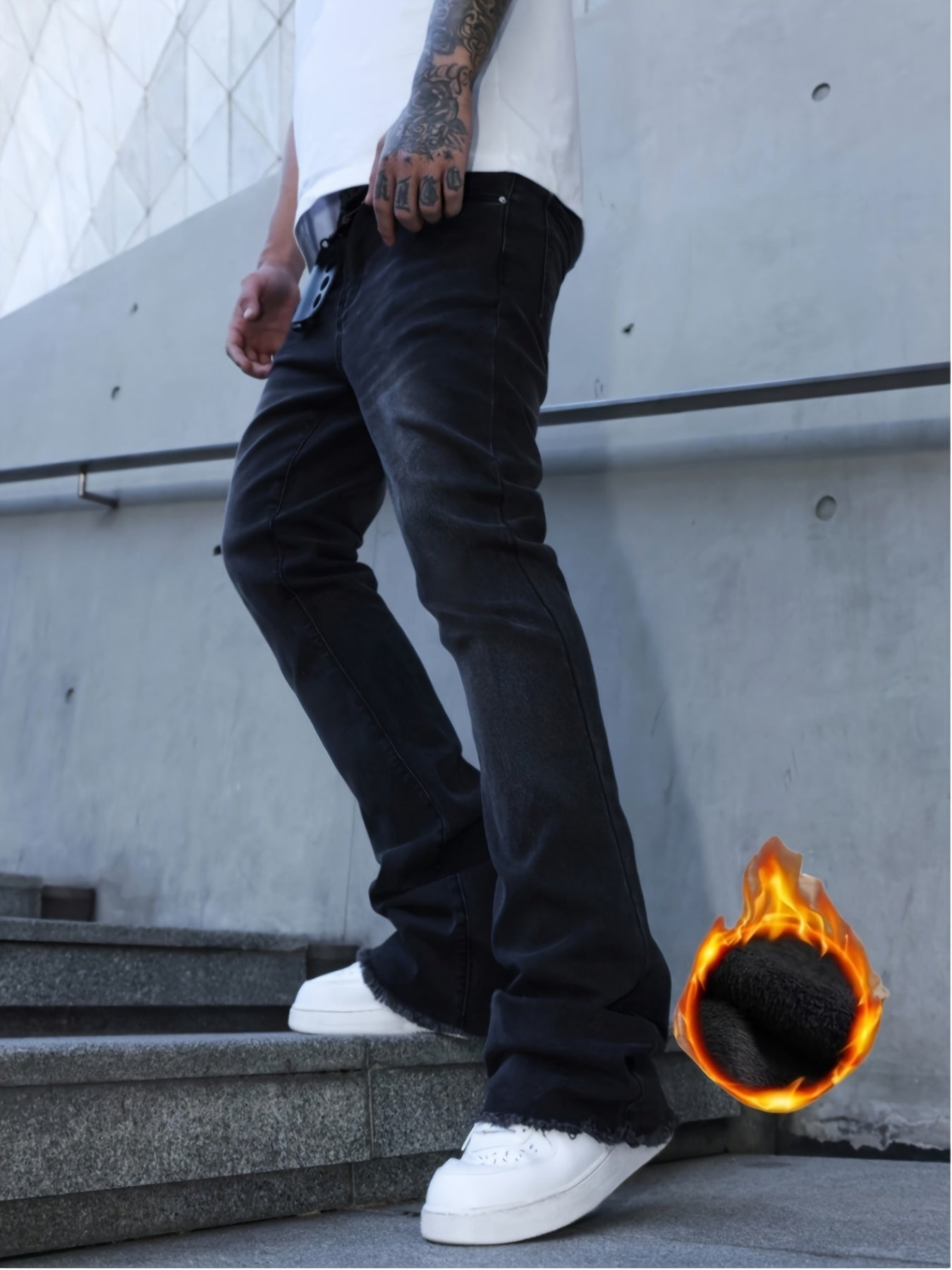 [HME] New Thickened Men'S Jeans for Autumn And Winter, with Inner Fleece for Strong Warmth Retention, Mid-Waist Elastic And Form-Fitting Flared Pants, Retro Washed And Naturally Polished White, Fashionable Men'S Denim Trousers for Warm Winter Wear
