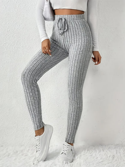 Women'S High - Waist Ribbed Leggings - Stretchy Slim Fit, Drawstring Detail, Casual Solid Color Pants for All Seasons