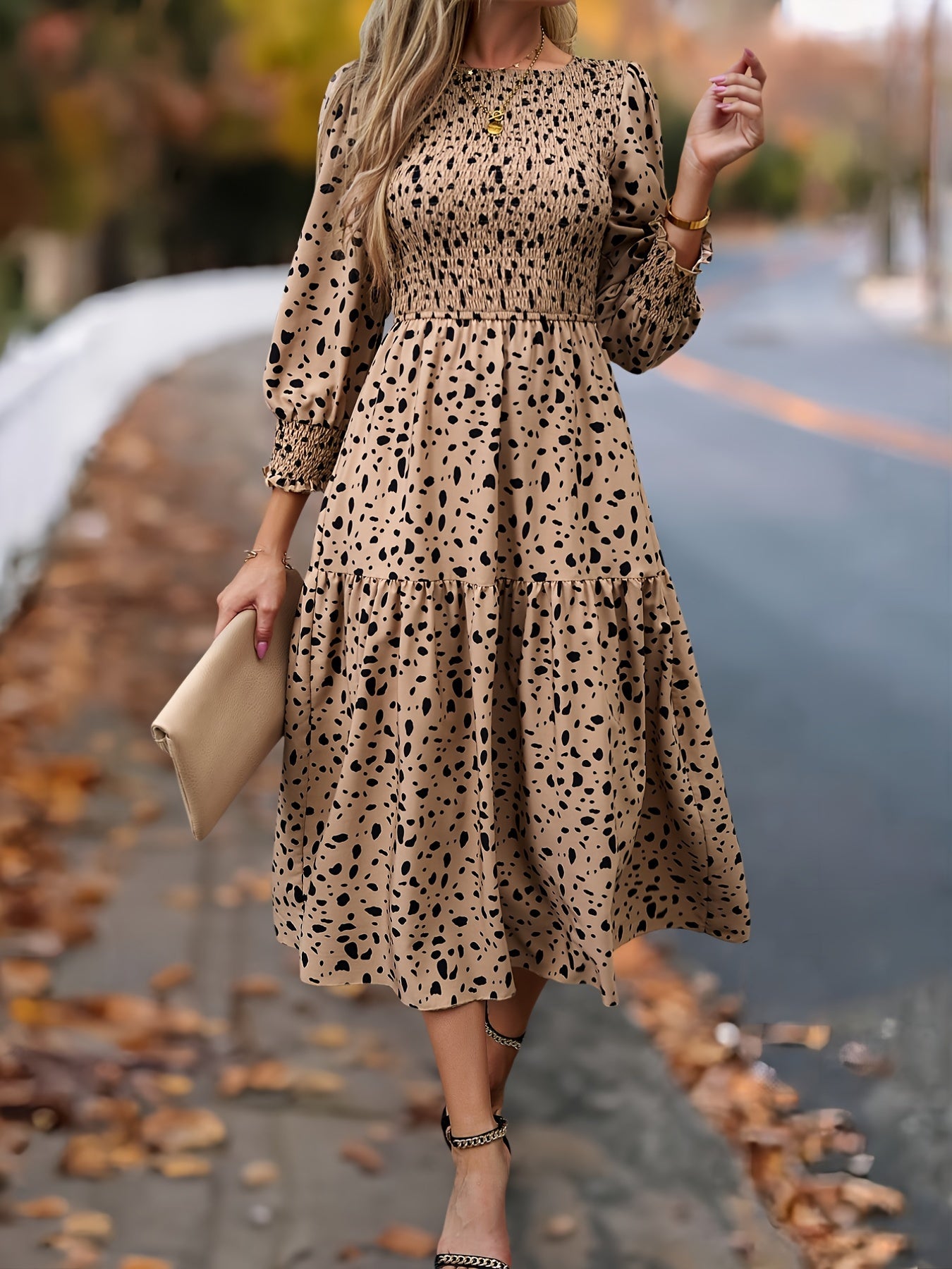 ZAFUL Spring Women's Clothing, Elegant Dress for Ladies with Long Sleeves and Round Neck Leopard Print, Commuting Elegant Dress, Women's Long Skirt