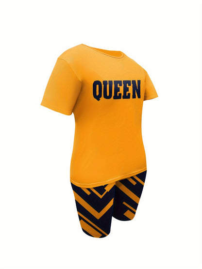 Plus Size Letter Print Casual Shorts Set, Crew Neck Short Sleeve Top & Pocket Shorts Outfits For Spring & Summer, Women's Plus Size Clothing