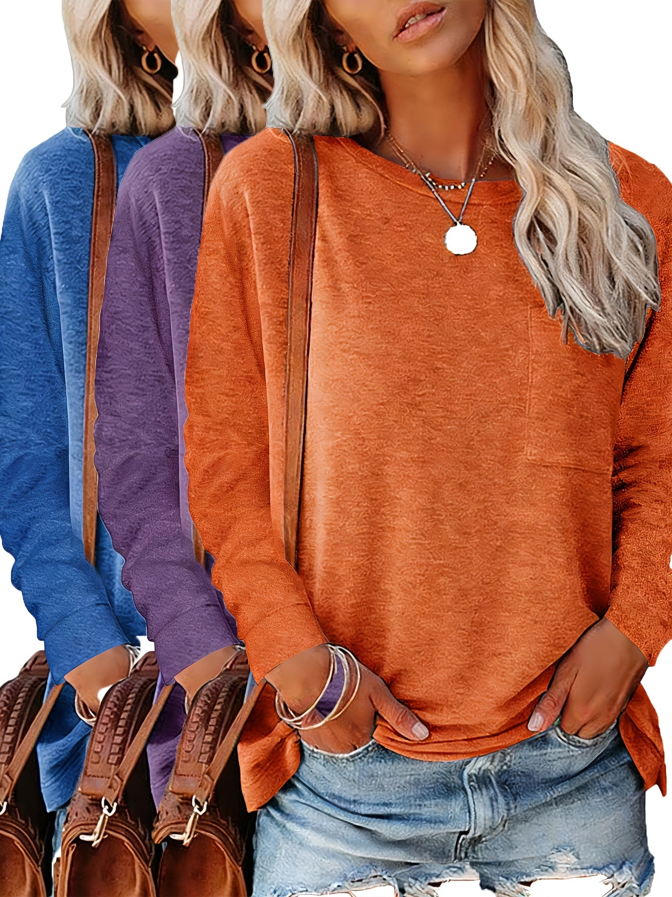 3pcs Women'S Spring And Autumn T Shirt Long Sleeve Chest Pocket Casual Comfort Top