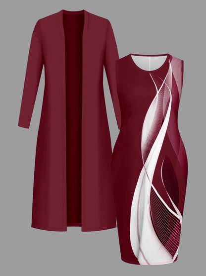 Stylish Women'S Dress Set, Featuring a Long Cardigan And a Printed, Waist-Cinching Dress, a Chic And Elegant Two-Piece Outfit for Everyday Wear