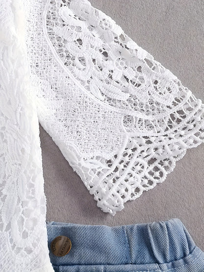 Baby Girl'S Stylish Clothes Set, Lace Ruffle Romper And Flared Denim Jeans And Headband 3pcs Newborn Infant Outfits, Coquette Style