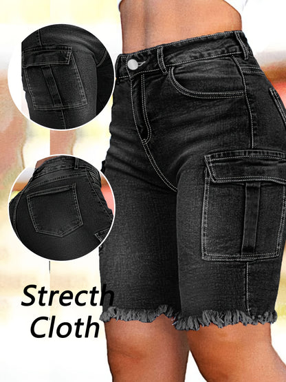 Solid Color Washed Raw Hem Flip Side Pocket Denim Cropped Pants Retro Fashion Niche Slim Joker Style Women'S Denim Shorts.